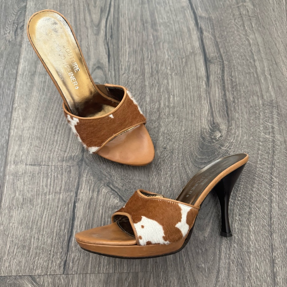 Y2K vintage Donald J Pliner couture pony hair Cowhide mule heel brown white